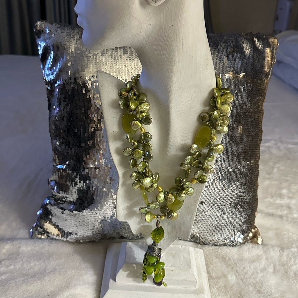Olive Green kechi pearls with olive green stones Necklace -